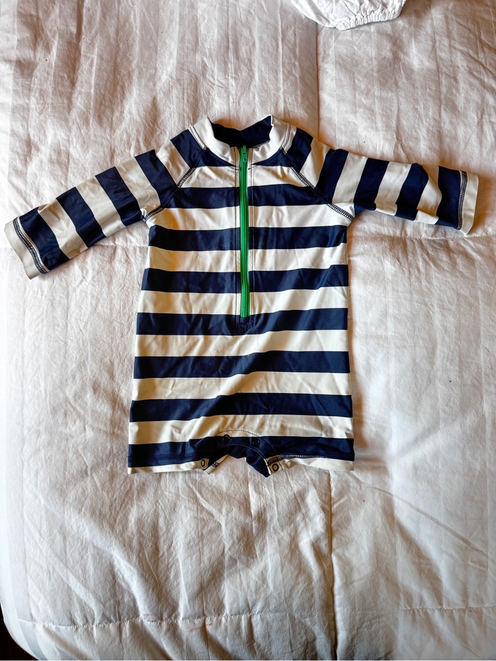 Primary Navy and White Striped Toddler Rashguard Swimsuit with Green Zipper